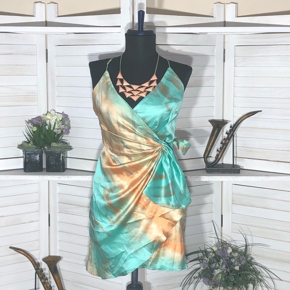 Angel Biba Tie Dye Wrap Mini Dress Satin Bow Small